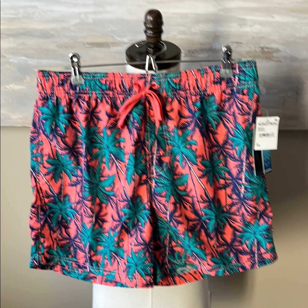 NWT Burnside neon coral and green tropical print swim trunks